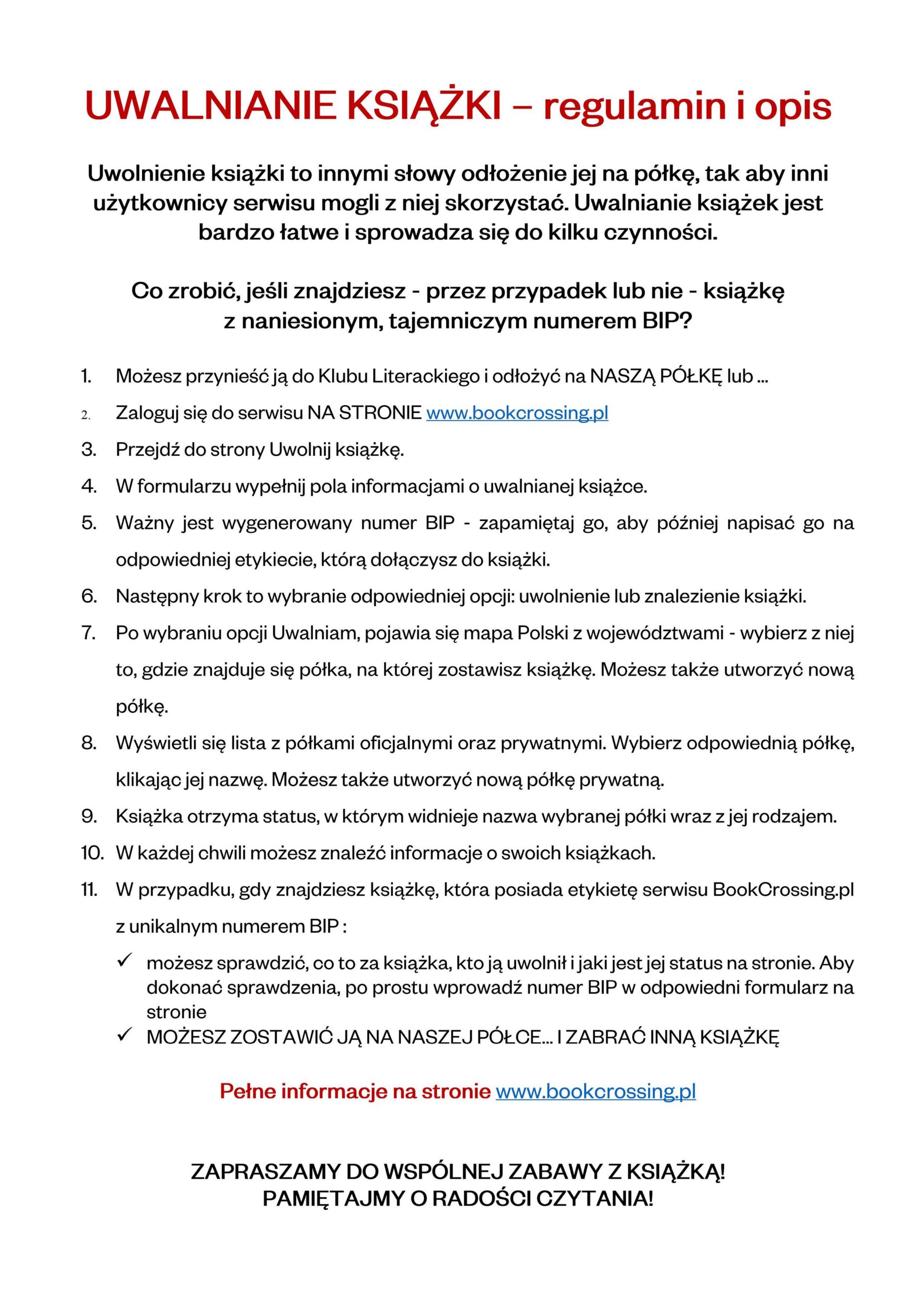 Instrukcja w języku polskim dotycząca uwolnienia książek na platformie BookCrossing, wraz z informacjami o numerze BIP i linkiem do strony internetowej.
