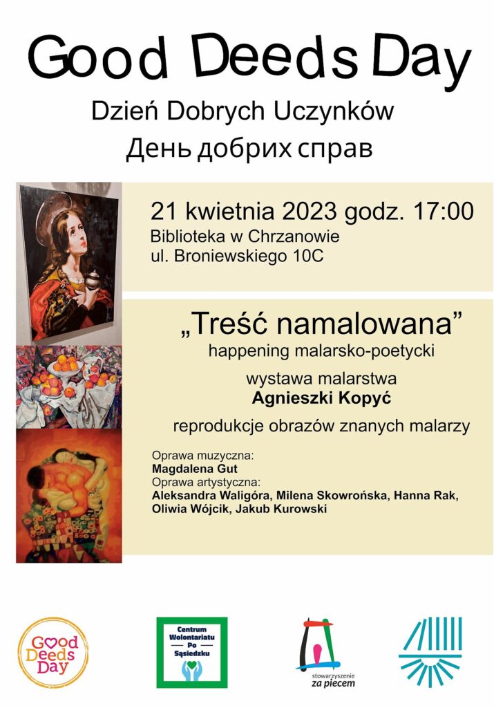 Plakat na wernisaż wystawy Agnieszki Kopyć "Treść namalowana" - Dzień Dobrych Uczynków
