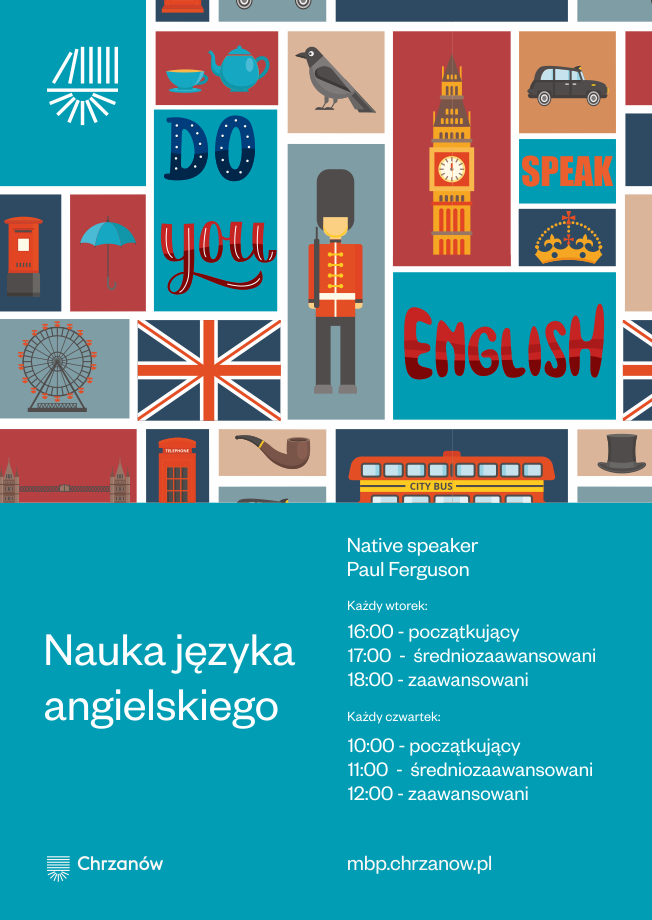 Plakat reklamujący naukę języka angielskiego z native speakerem Paulem Ferguson, z ilustracjami nawiązującymi do Wielkiej Brytanii i informacjami o harmonogramie zajęć.
