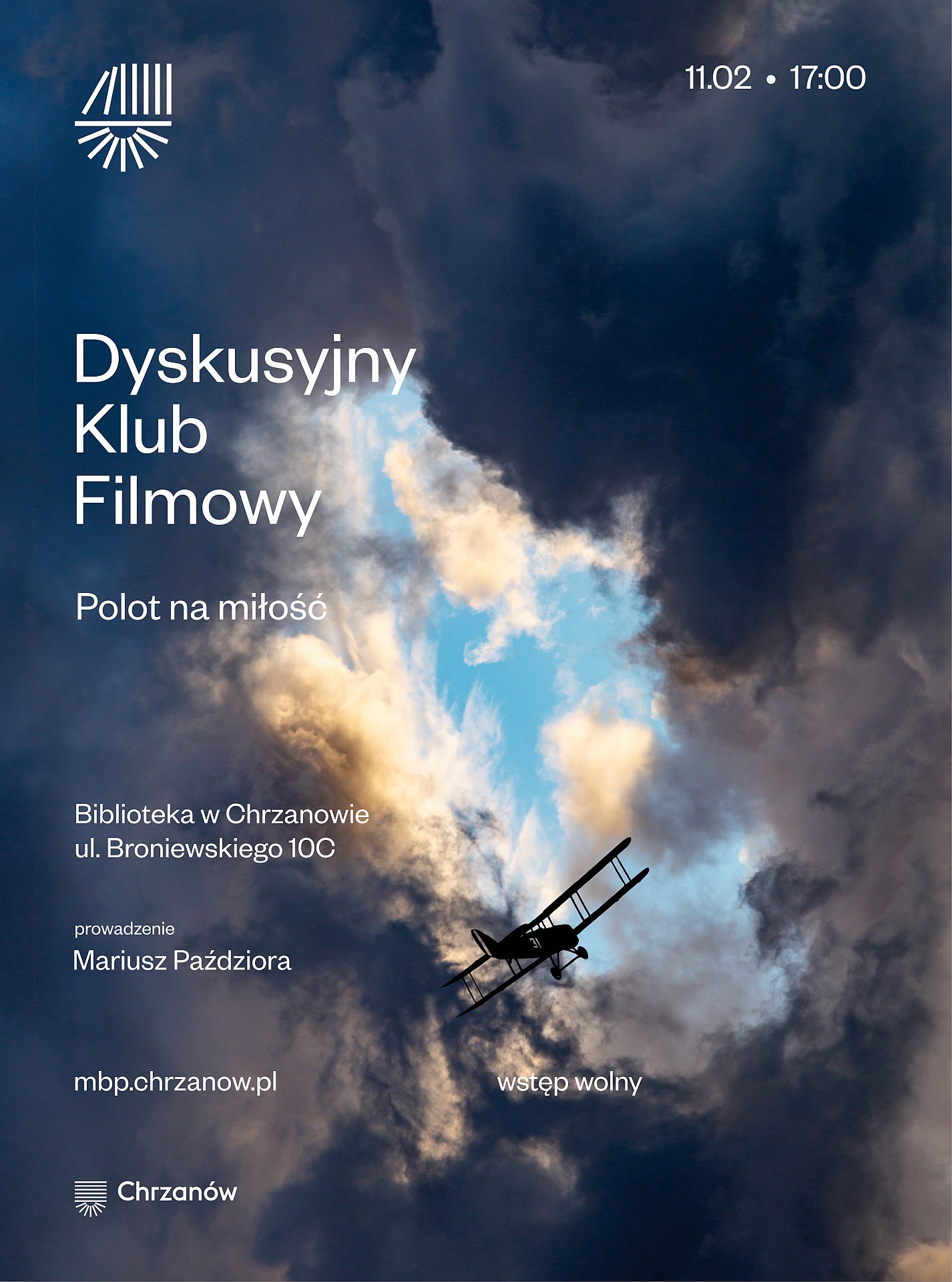 Plakat wydarzenia "Dyskusyjny Klub Filmowy" z motywem samolotu w chmurach, podający datę, godzinę i miejsce spotkania.
