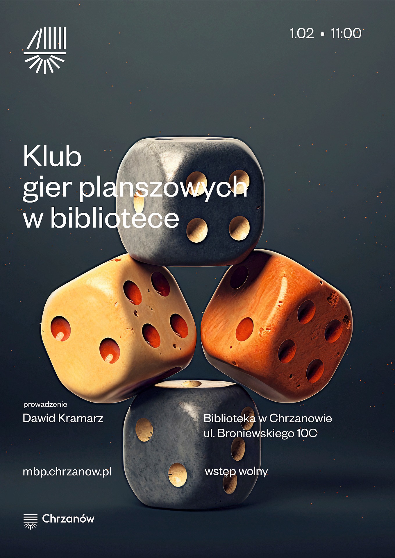 Plakat promujący klub gier planszowych w bibliotece, przedstawiający kilka kostek do gry na ciemnym tle.