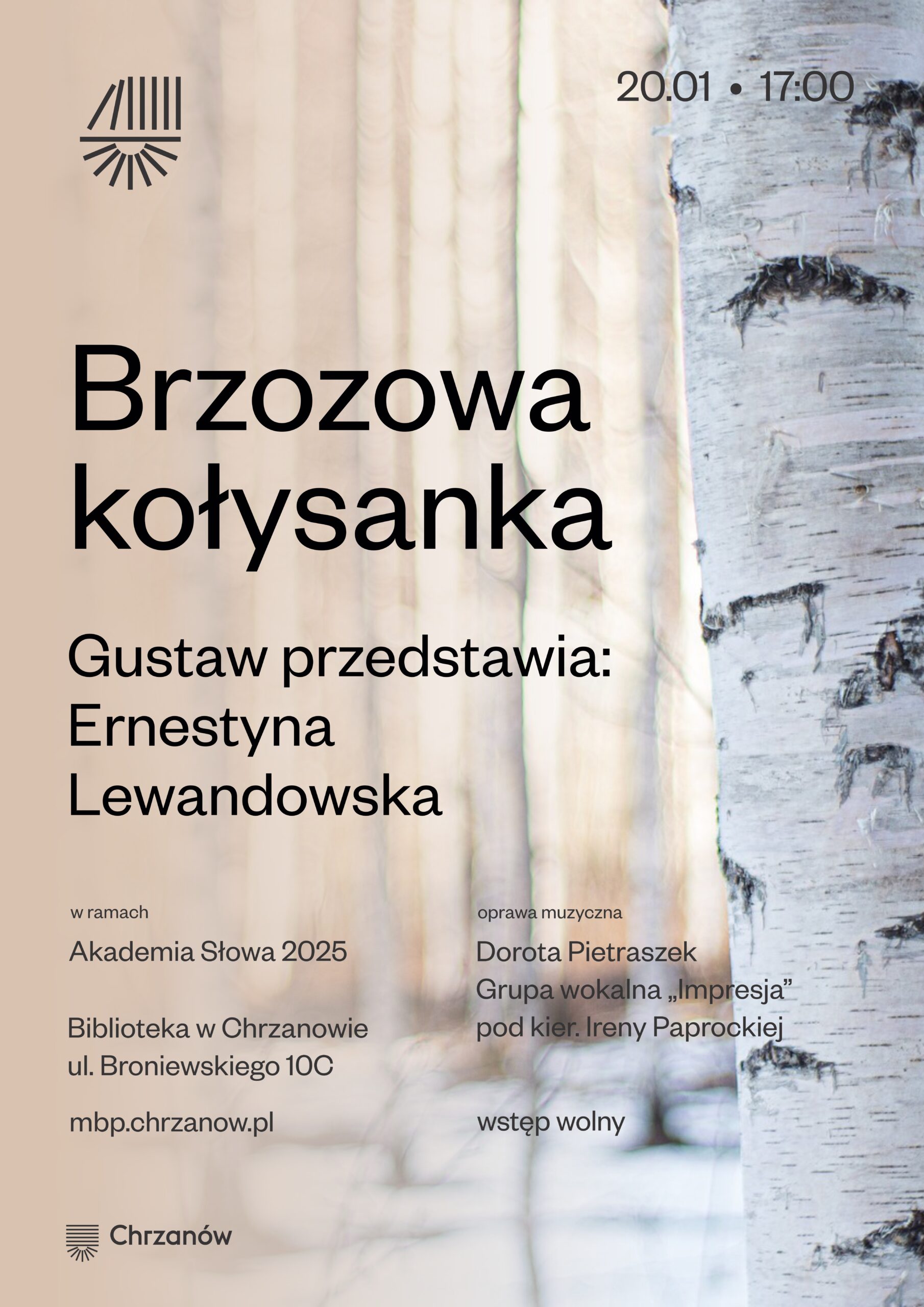 Plakat wydarzenia "Brzozowa kołysanka" z informacjami o dacie, godzinie, miejscu i gościach.