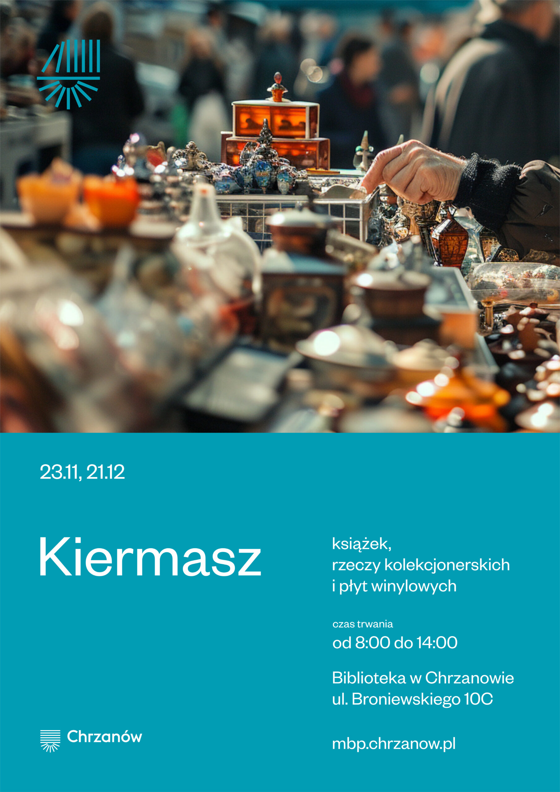 Plakat informuje o kiermaszu książek, przedmiotów kolekcjonerskich i płyt winylowych w Chrzanowie 23-21 listopada.