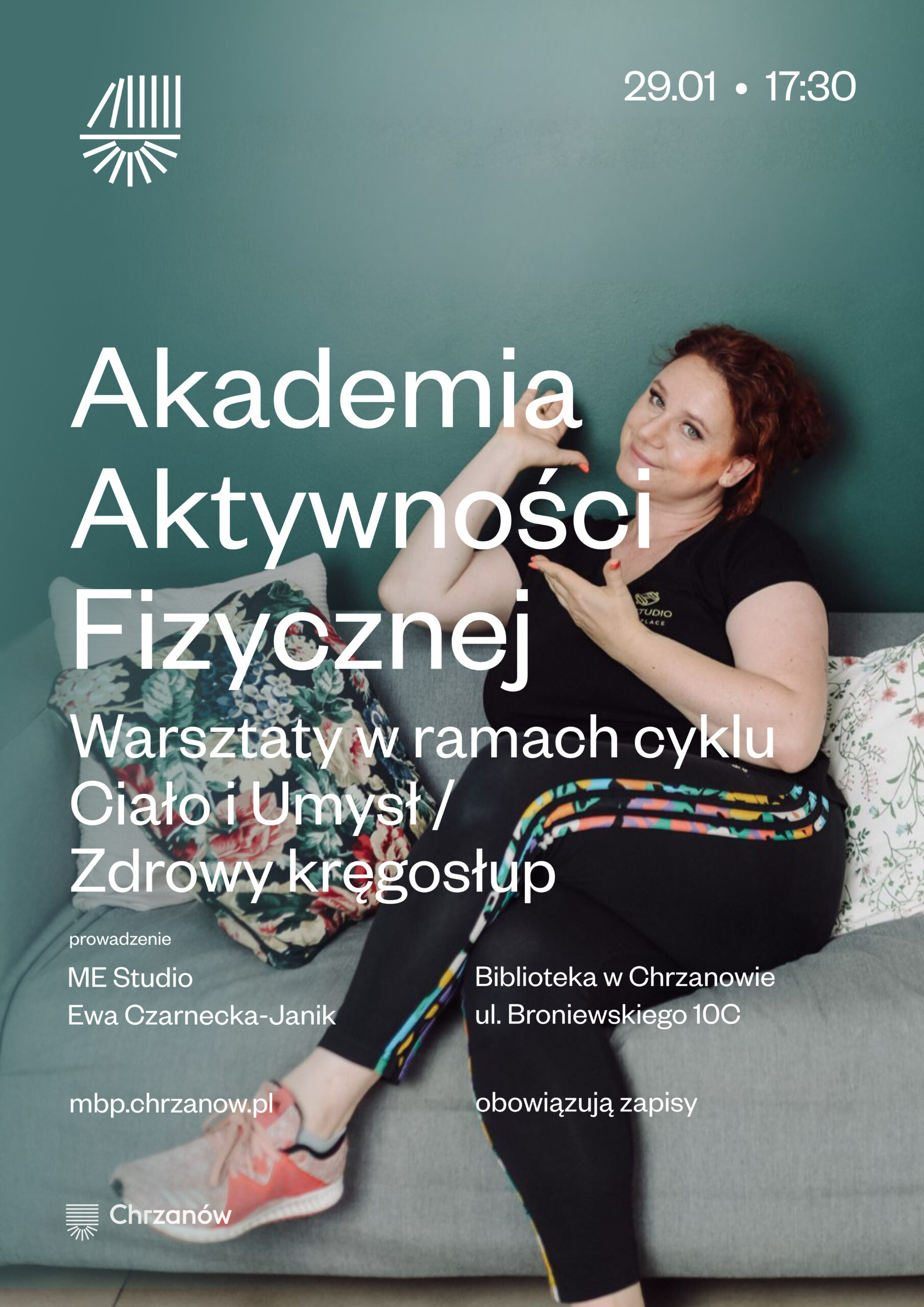 Plakat informuje o warsztatach "Zdrowy kręgosłup" w ramach cyklu "Ciało i Umysł", prowadzone przez Ewę Czarciecką-Janik, z datą 29 stycznia o godzinie 17:30.
