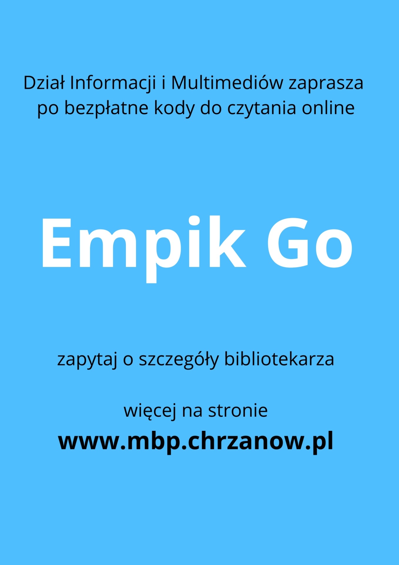 Reklama Empik Go oferująca darmowe kody do czytania online, z informacją o możliwości uzyskania szczegółów w bibliotece i linkiem do strony internetowej.