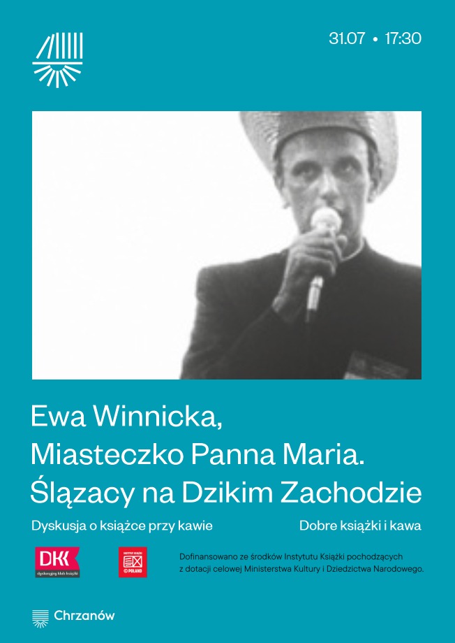 Plakat wydarzenia literackiego z portretem kobiety i informacjami o spotkaniu autorskim Ewy Winnickiej.