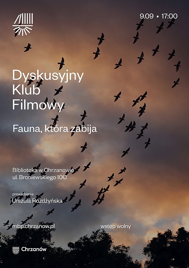 Plakat Dyskusyjnego Klubu Filmowego: zachęta do obejrzenia filmu "Fauna, która zabija" 9 września o godzinie 17:00 w Chrzanowie.