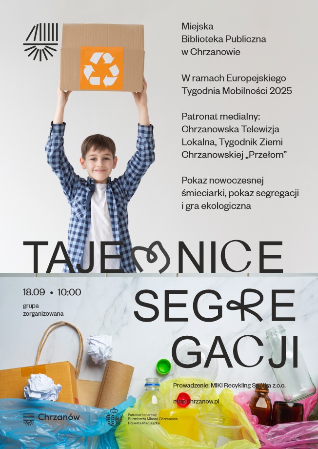 Chłopiec podnosi karton w geście radości, otoczony symbolami recyklingu i segregacji odpadów - promowanie zrównoważonej mobilności i ochrony środowiska.
