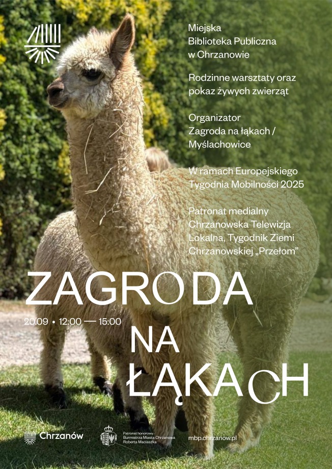 Alpaka w zielonym trawniku, promocyjny plakat "Zagroda na Łąkach" w Chrzanowie, wydarzenie związane z Europejskim Tygodniem Mobilności.