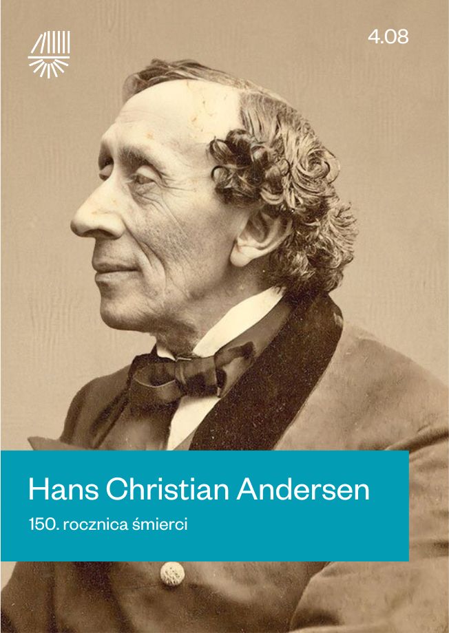 Portret Hansa Christiana Andersena w czarno-białej fotografii na tle ciemnego tła, z tekstem o jego śmierci.