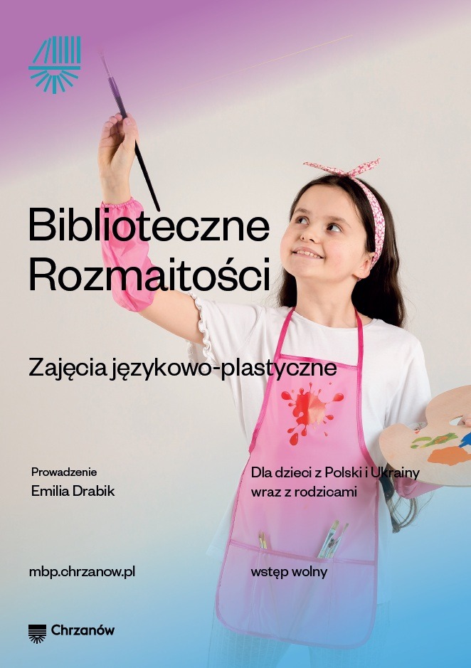 Dziecko trzyma pędzel z farbami na plakatcie reklamującym zajęcia językowo-plastyczne dla dzieci z Polski i Ukrainy.