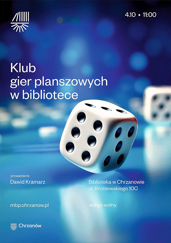 Plakat zapowiada klub gier planszowych w bibliotece w Chrzanowie, odbywający się 4 października o godzinie 11:00.