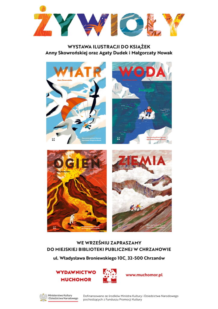 Plakat promuje wystawę ilustracji do książek o żywiołach, z motywami wiatru, wody, ognia i ziemi.
