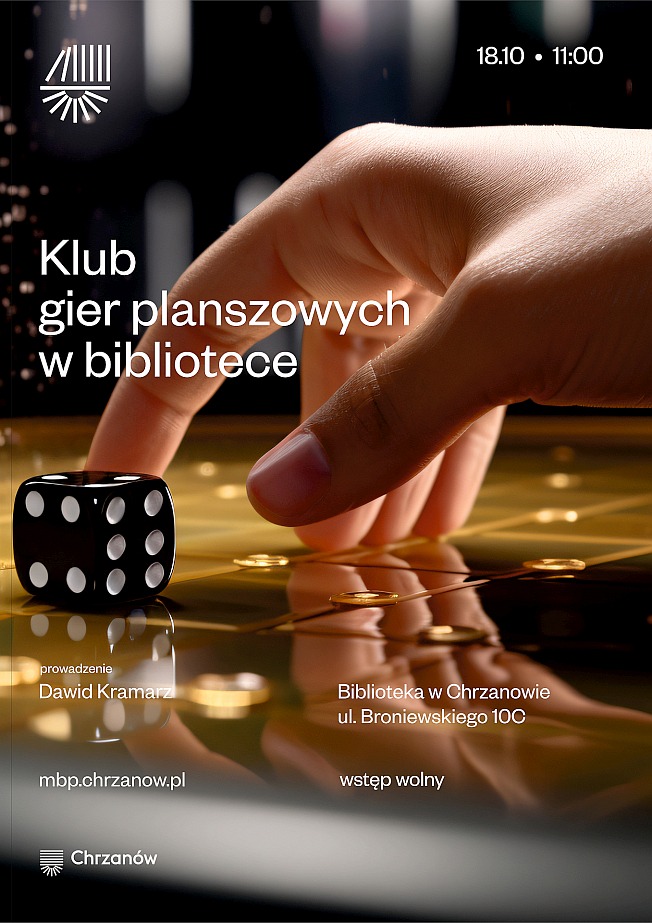 Zaproszenie na Klub Gier Planszowych w bibliotece prezentuje kości oraz dłonie trzymające je nad odbiciem książek.