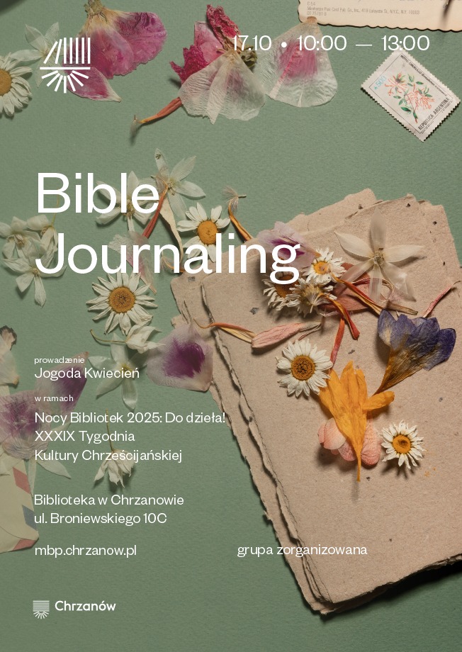 Plakat zapowiada warsztaty Bible Journaling w ramach Nocy Bibliotek 2025 i Tygodnia Kultury Chrześcijańskiej.