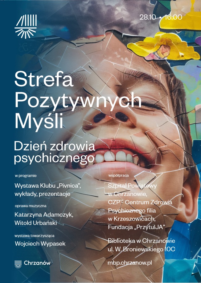 Plakat promuje Dzień Zdrowia Psychicznego, prezentując program wydarzenia i listę współpracujących instytucji.