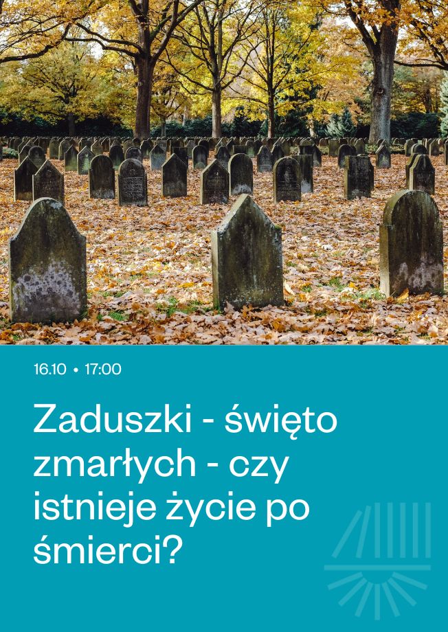 Na cmentarzu pokrytym jesiennymi liśćmi widoczne są liczne nagrobki.