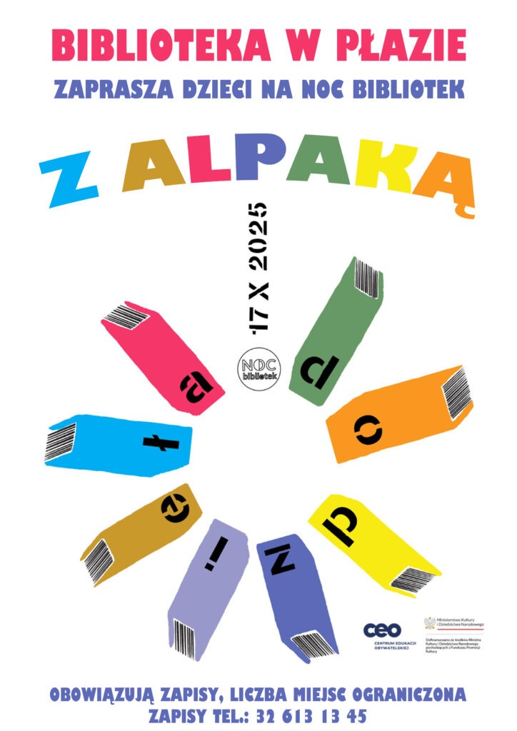 Plakat informuje o Nocy Bibliotek w Plazie z wydarzeniem "Z Alpaką" 17 października 2025 roku, wymagane zapisy telefoniczne.
