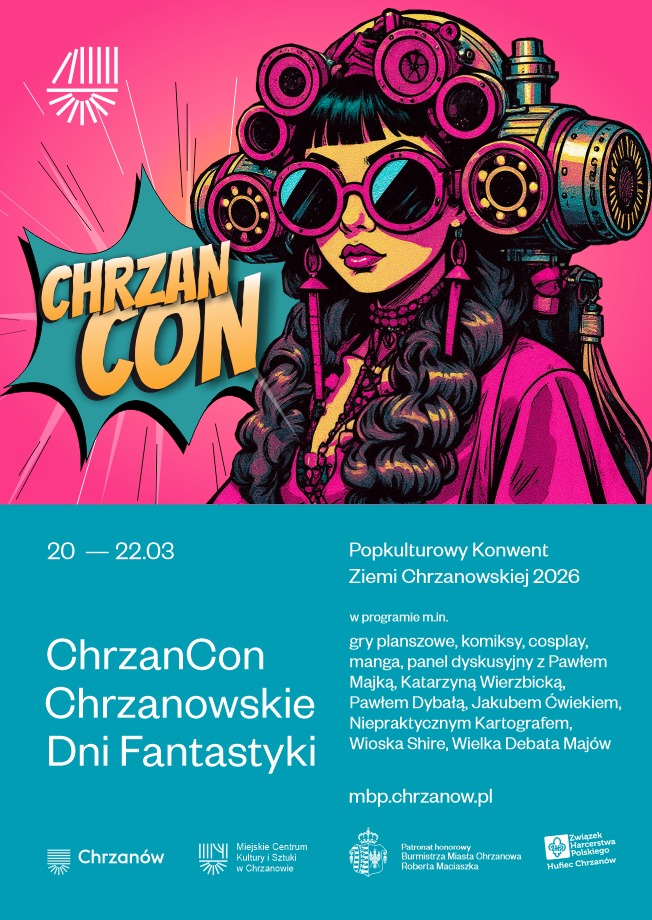 Plakat promuje konwent popkultury ChrzanCon, odbywający się w Chrzanowie 20–22 marca 2026 roku.