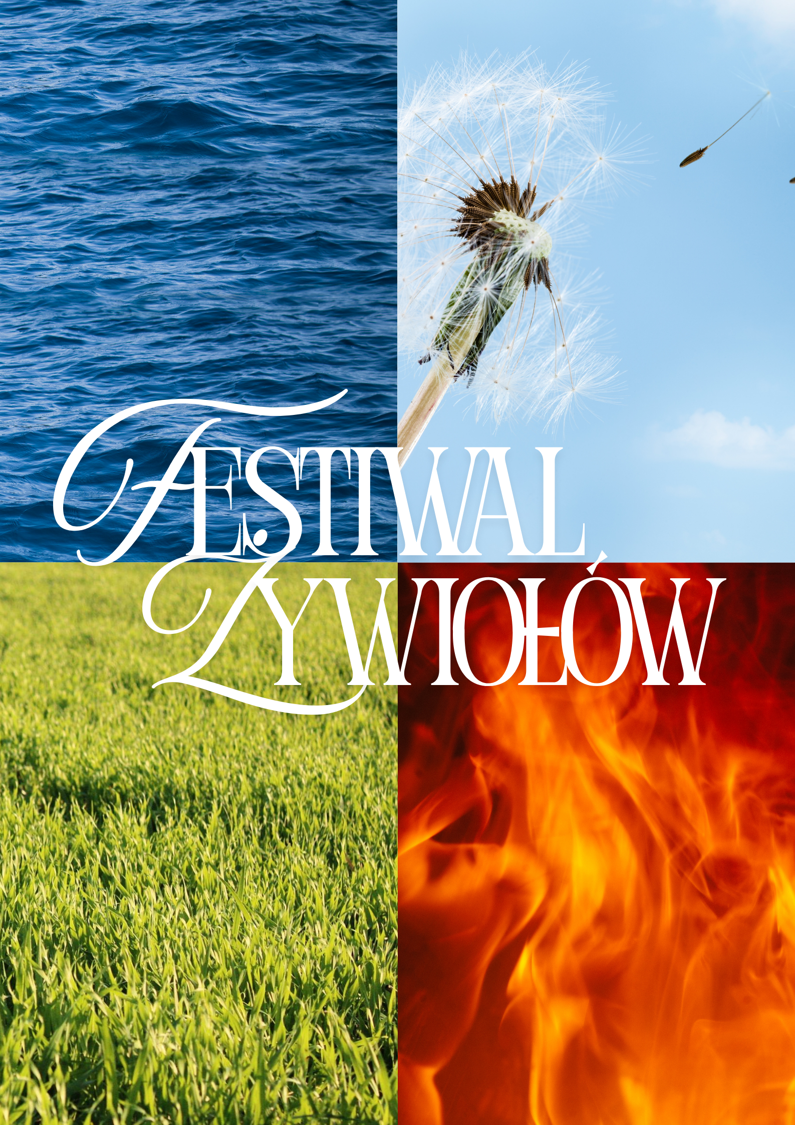 Kompozycja przedstawia cztery kwadratowe sekcje symbolizujące żywioły: wodę, powietrze, ziemię oraz ogień.