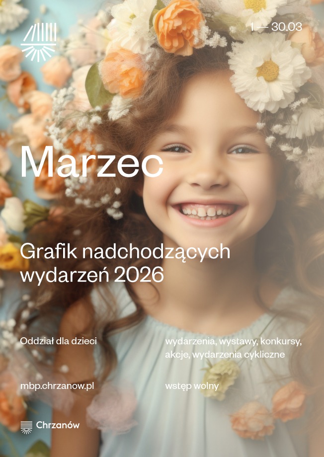 Uśmiechnięta dziewczynka z warkoczem ozdobionym kwiatami znajduje się na plakacie promującym wydarzenia dla dzieci w marcu 2026 roku.