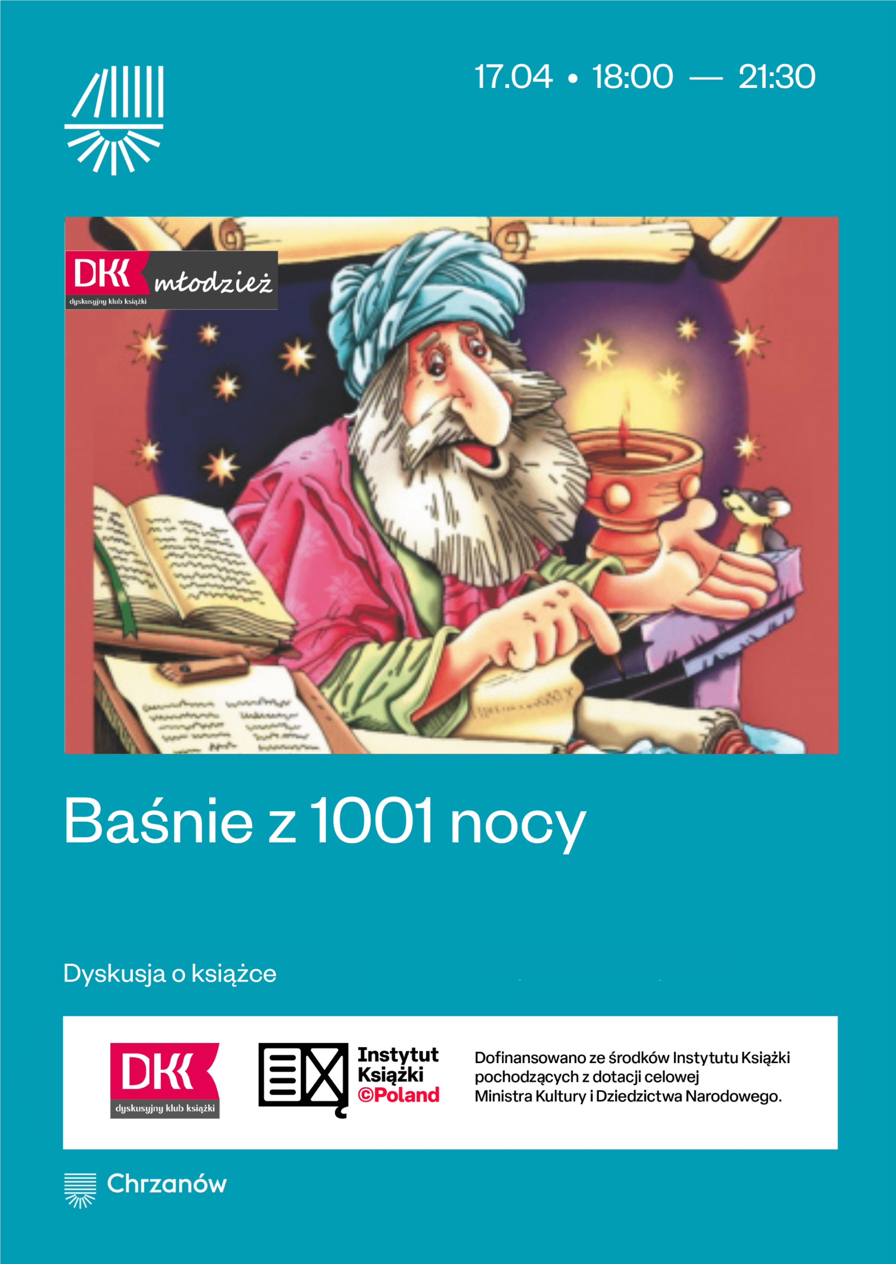 Ilustracja przedstawia postać mężczyzny w orientalnym stroju, siedzącego przy stole z otwartą księgą.
