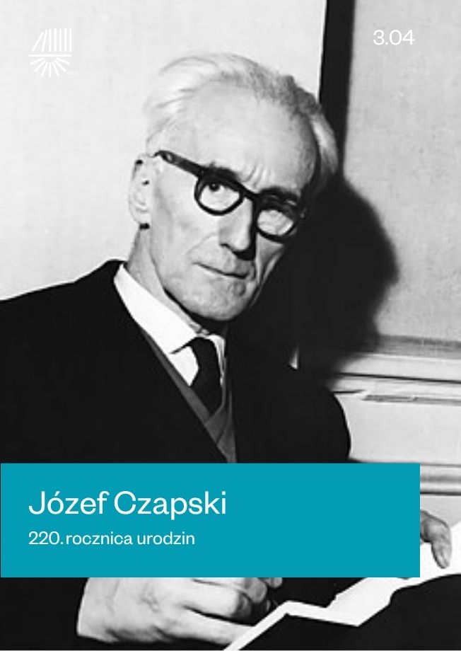 Portret przedstawia Józefa Czapskiego w okularach, ubrany w ciemny garnitur z muszką.